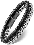 Black Leather & Silver Box Chain Bracelet