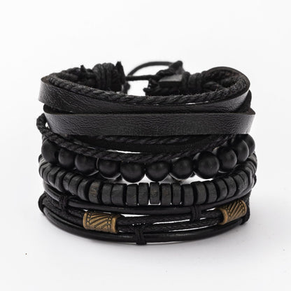 Men's Fashion Combination Leather Artistic Retro Wooden Bracelets