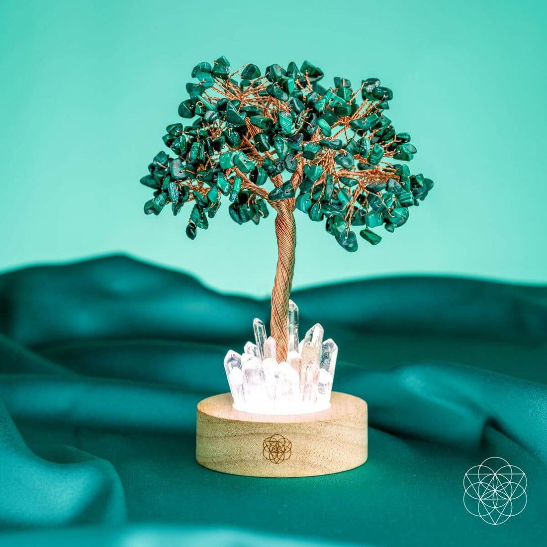 Natural Malachite Tree Lamp with Clear Quartz Base