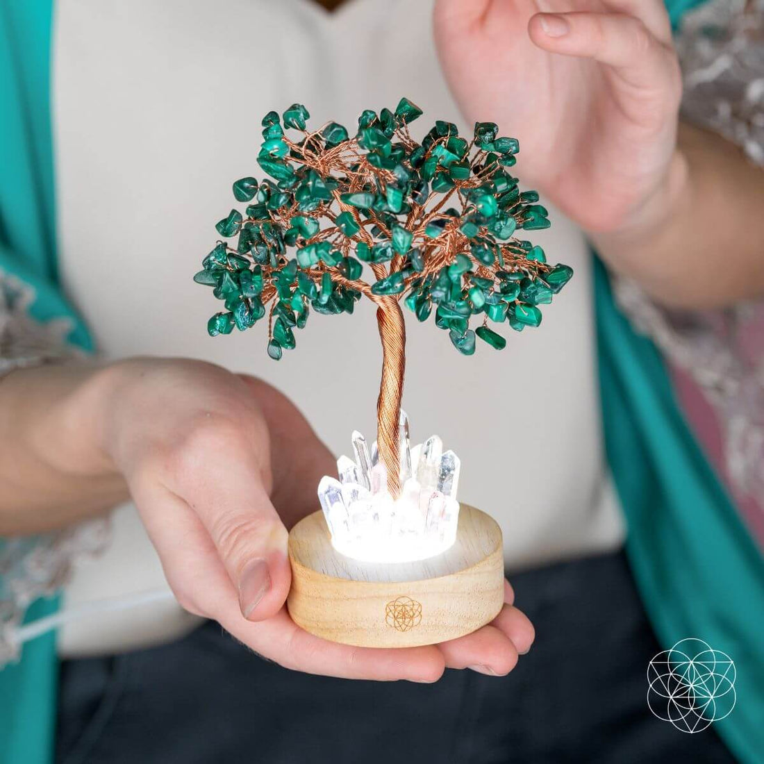 Natural Malachite Tree Lamp with Clear Quartz Base
